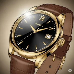 Illustration of a classic men's gold wrist watch with a black dial, perfect for formal occasions.