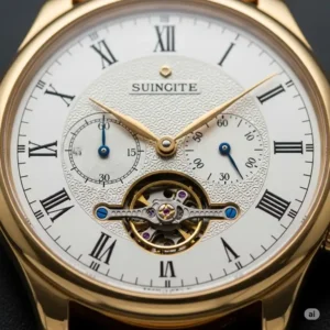 Detailed view of the intricate dial on a mens 14k gold watch, showcasing precision craftsmanship.