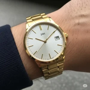 Elegant 24k gold watches for men worn on a wrist, demonstrating its sophisticated appeal and comfortable fit.