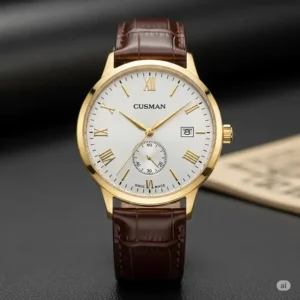 A classic men's gold plated watch with a leather strap, perfect for formal or business attire.