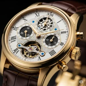 "Close-up view of a luxury mens gold watch showing intricate dial details."