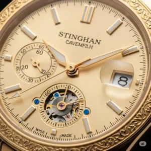 Close-up of a mens gold watches dial with intricate details and luminous hands, highlighting its luxurious craftsmanship.