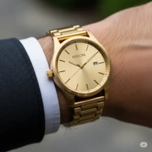 Stylish shot of a Nixon gold watch comfortably worn on a wrist, highlighting its luxurious appeal and perfect fit.