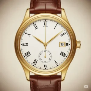 Front view illustration of a classic real gold watches for men, highlighting its solid gold case and timeless design.