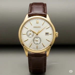 "Front view of a classic gold Seiko watch men, ideal for formal occasions and everyday wear."