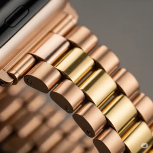 Close-up view of a two-tone rose gold and gold Apple Watch band, highlighting the intricate details and premium finish.