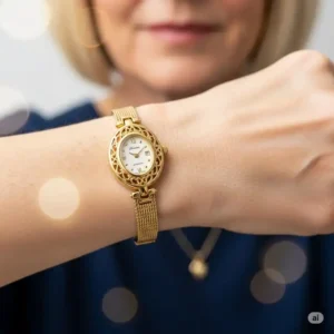 Close-up of a meticulously crafted vintage gold watch for women, highlighting its intricate details.