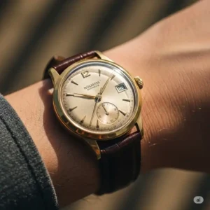 A stylish shot of a vintage gold watch worn on a wrist, paired with a classic leather strap, highlighting its enduring charm.

