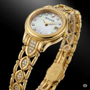 "Close-up of a luxurious women's 14k gold dress watch with a delicate chain bracelet, ideal for formal events."