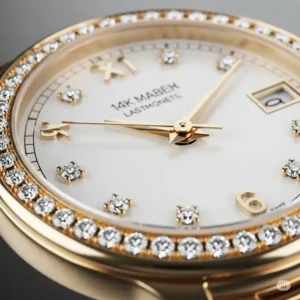 Close-up view of a womens 14k gold watches dial featuring diamond markers.