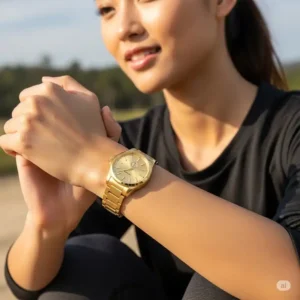 "Stylish 14k gold sport watch for women, showcasing a durable yet chic design suitable for active lifestyles."