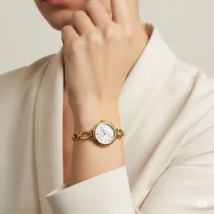 A woman's hand adorned with a delicate 14k gold wrist watch featuring a mother-of-pearl dial, emphasizing its timeless elegance.