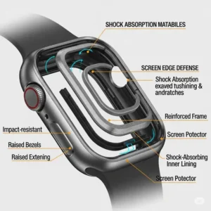 Diagram showcasing the protective features of an **apple watch 10 case**, emphasizing shock absorption and screen edge defense.