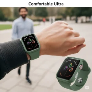 Stylish green Apple Watch Ultra case securely fitted on a wrist, demonstrating its comfortable wear for daily activities.