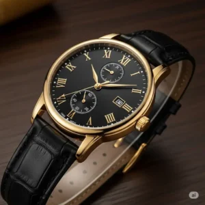 An elegant black and gold watch mens dress style, shown as the perfect accessory for formal attire.