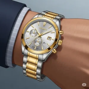 "Illustration of a gold and silver watch for men elegantly displayed on a wrist, highlighting its comfortable fit and stylish appeal."