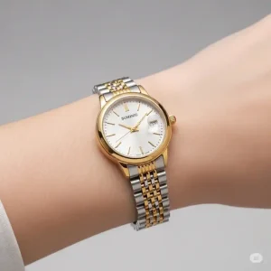Stylish gold silver women's watch adorning a wrist, showcasing its comfortable fit and sophisticated aesthetic.