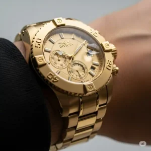 Stylish shot of a luxurious Invicta watches gold worn on a wrist, emphasizing its impressive presence and golden shine.