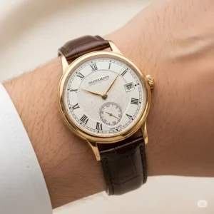 Image of a sophisticated men's 18k gold watch worn on a wrist, suitable for elegant occasions.