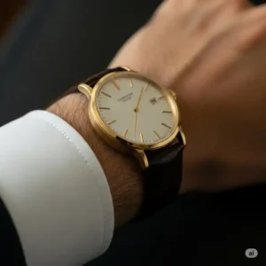 "Stylish mens gold watch comfortably worn on a wrist, showcasing its timeless appeal."
