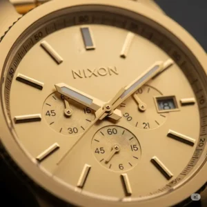 Detailed view of the Nixon gold watch dial, emphasizing the intricate craftsmanship and precise time markers.