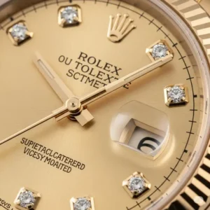 Detailed shot of a rolex gold watch dial with diamond hour markers, focusing on the intricate craftsmanship and luxurious finish.