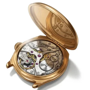An illustration depicting an open vintage gold watch case, revealing the delicate mechanical movement within, emphasizing craftsmanship.
