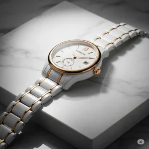 A beautiful white and gold watch resting on a pristine white marble surface, emphasizing its luxury and clean aesthetic.