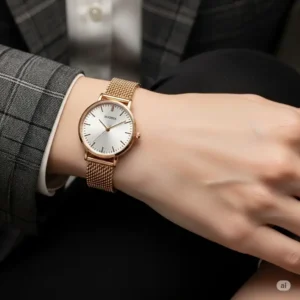 A stylish women's gold plated watch with a delicate metal bracelet, adding a touch of sophistication to any outfit.