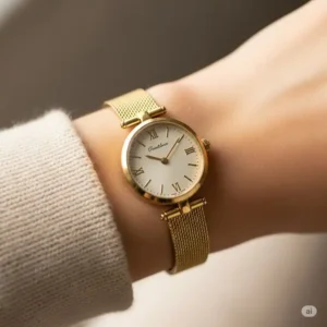 Stylish vintage women's gold watch comfortably worn on a wrist, showcasing its delicate appeal.