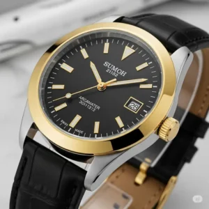 A classic black and gold watch mens timepiece with a striking gold bezel and a simple black dial.