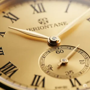  A detailed view of a gold plated watch dial, highlighting the exquisite craftsmanship and precise timekeeping.