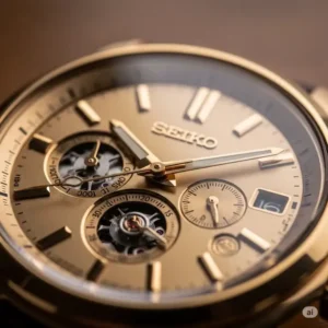 "Detailed shot of the intricate dial of a gold Seiko watch men, emphasizing its craftsmanship and luminous hands."