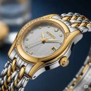 Artistic shot highlighting the unique bicolor design of a gold silver women's watch, emphasizing its intricate craftsmanship.

