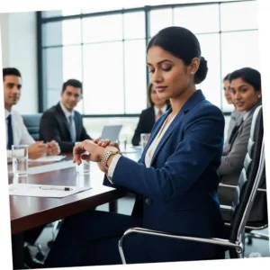 Professional woman checking time on her stylish golden watch women during a business meeting.