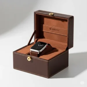 An elegant leather watch box for Apple Watch, featuring fine stitching and a soft interior, demonstrating a premium and stylish storage solution.

