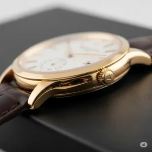 Side profile of a luxury mens 14k gold watch, emphasizing the slim case and refined finish.