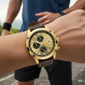 A sporty mens gold watches featuring a chronograph function and a durable strap, ideal for active lifestyles.