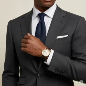 "A mens gold watch paired with a sharp business suit, ideal for formal occasions."