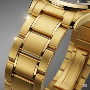 Illustration showcasing the high-quality yellow gold bracelet of a real gold watches for men, emphasizing its craftsmanship.