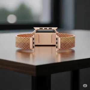 Rose gold and gold Apple Watch band laid flat on a desk, ready to be attached to an Apple Watch.