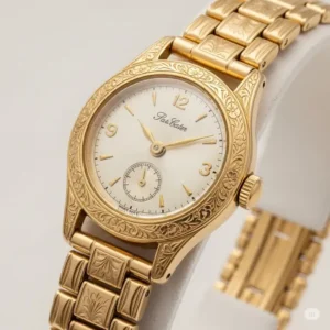 "Beautiful vintage 14k gold ladies' watch with an intricate etched case, reflecting timeless elegance."
