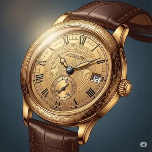 Artistic illustration depicting a vintage men's gold wrist watch with a timeless appeal and intricate engravings.