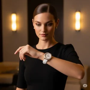 A person wearing a stylish white and gold watch, capturing a lifestyle moment that exudes elegance and sophistication.