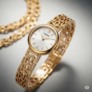 Elegant women's 18k gold watch with a delicate bracelet, sparkling under soft light.