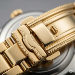 Close-up of the secure and finely crafted clasp on a 14k gold watch mens bracelet.