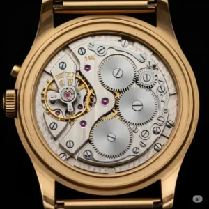 An inside view of a 14k gold wrist watch, revealing the intricate mechanical movement and precision engineering.