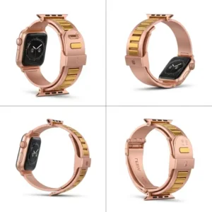 Multiple angles of a rose gold and gold Apple Watch band, showcasing its versatility and design from all sides.