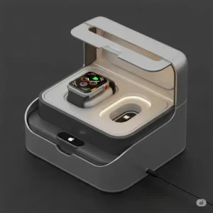 An innovative watch box for Apple Watch that integrates a charging station, showing an Apple Watch actively charging within its designated slot.