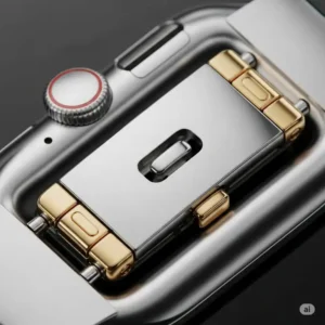 Detailed view of an Apple Watch strap clasp, highlighting the polished apple watch straps silver and gold accents and secure closure.